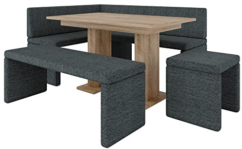 Eckbank Akiko mit Tisch und Bänken - Eckbankgruppe für Ihrem Esszimmer, Küche modern, Sitzecke, Essecke. Perfekt für Küche, Büro und Rezeption. Solide Verarbeitung (INARI 96, 168x128 Links)
