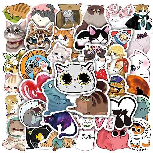 50pcs Cute Cat Stickers, Vinyl Waterproof Aesthetic Stickers Decals for Water Bottles Laptop Scrapbook, Kawaii Kitten Animal Stickers Pack, Cat Presents Merchandise Stuff Things for Adult Teens Kids