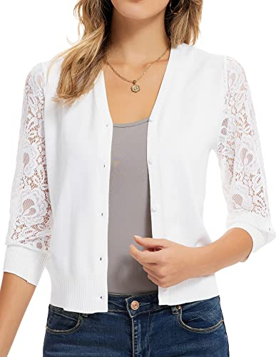 GRACE KARIN Women's Button up Knitted Cropped Cardigan V-Neck 3/4 Lace Sleeve Solid Colour Shrug for Dress White 2XL