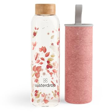 waterdrop® Bouteille en Verre 600ml – Gourde Réutilisable en Verre Borosilicate avec Bouchon Bambou et Housse, Sans BPA, Étanche, Idéale pour Maison, Bureau, Sport, Voyage