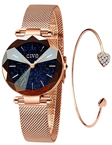 CIVO Damen Uhr Wasserdicht Elegant Beiläufig Edelstahl Mesh Mode Kreativ Uhr und Armband Set Damen Schwarz