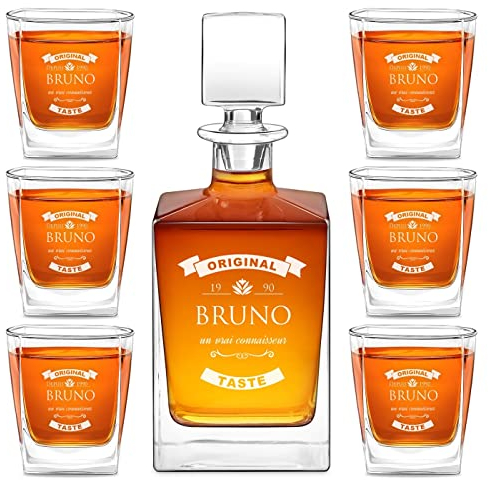 Maverton Carafe en Verre et 6 Verres à Whisky - Cadeau personnalisé avec Gravure pour Hommes - pour dégustation de Rhum Scotch - Bourbon pour Gentleman Cadeau Anniversaire Homme Connaisseur