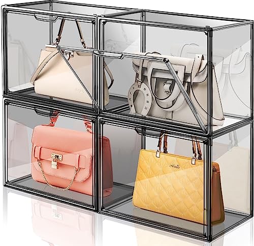 Giyiprpi 4 Pack Handbag Storage Organizer for Closet, Transparent Gray Acrylic Display Case for Handbag Purse, Stackable Storage Organizer with Magnetic Door for Wallet Book Cosmetic Toys Display