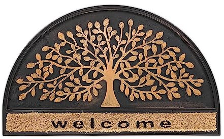 Relaxdays Fußmatte, halbrund, Baum & Spruch Welcome, 75x45 cm, rutschfest, innen & außen, Türvorleger, schwarz/Bronze