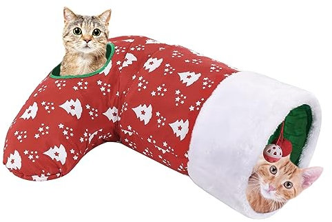 Pawaboo Tunnel per Gatti a Forma di Calza di Natale, Tunnel per Animali Domestici con Campanelle, Giochi Interattivi per Gatti, Pieghevole Tunnel Giocattolo per Animali con Telaio in Acciaio, Rosso