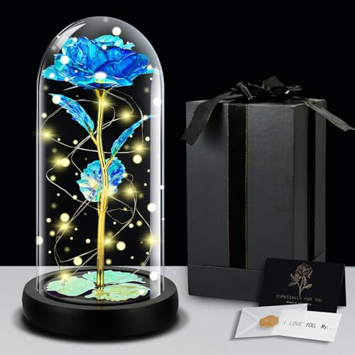 IGUGI Bella e La Bestia Rosa Eterna,Bella e La Bestia Rose,Galaxy Rose,Rosa Stabilizzata,Cupola di Vetro con Base Rimovibile Pino Luci LED,Regali per Donne,San Valentino,Anniversario