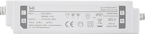 SeKi 12V DC 60W 5,0A Konstantspannungs LED Treiber; IP67 wassergeschützt Trafo, Netzteil, Transformator, Schaltnetzteil; keine Mindestlast, kein Rauschen/LED-Flimmern, MM Zulassung