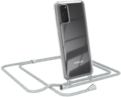 EAZY CASE - Handy Chain - kompatibel mit Samsung Galaxy S20 / S20 5G, Handykette Tasche transparent, Stoßfeste Soft Silikon TPU, Hülle für Smartphone, Grau/Weiß mit Verschlüssen in Silber