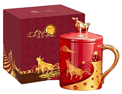 Tazas De Cafe De Cerámica Taza De Café Dorada Pintada A Mano, Nueva Taza Creativa De Estilo Chino con Tapa, Taza De Café Grande, Taza De Pareja Tazas Desayuno (Color : Rot)