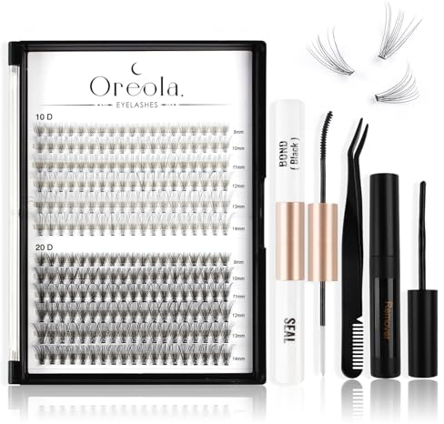 Oreola Kit de faux cils individuels naturels, 0.07D 8-14mm Cluster de cils 228Pcs, Bond&Seal, dissolvant, pince à cils, Pack mixte de cils simples 10D + 20D Extensions de cils DIY à la maison