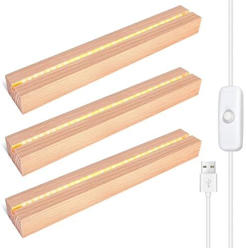 Base LED para cristal acrílico, 3 unidades, base de luz USB de madera, rectángulo iluminado, base de madera, base de madera, para cristales, placa de acrílico, adorno