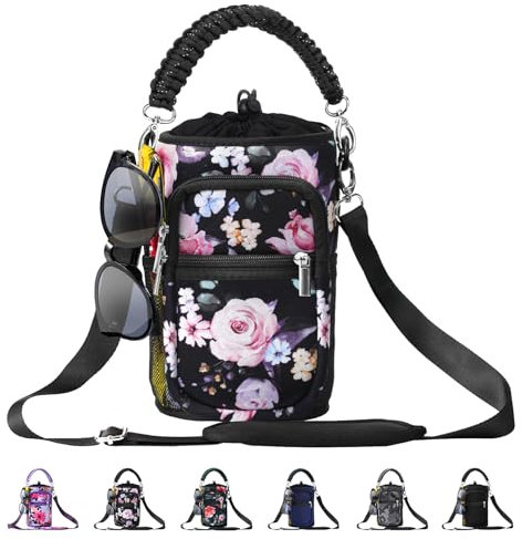 AceTreker Neopren-Wasserflaschenhülle mit 4 Taschen und Paracord-Griff, 3,6 l Metall-Wasserkrug-Flaschentasche mit verstellbarem Riemen für Spaziergänge, Sport, schwarze Blume