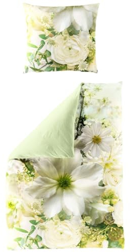 JACK by Bierbaum Mako Satin Wende Bettwäsche 135x200cm 2 TLG. Blüten Blumen Lind Gelb Creme Digitaldruck