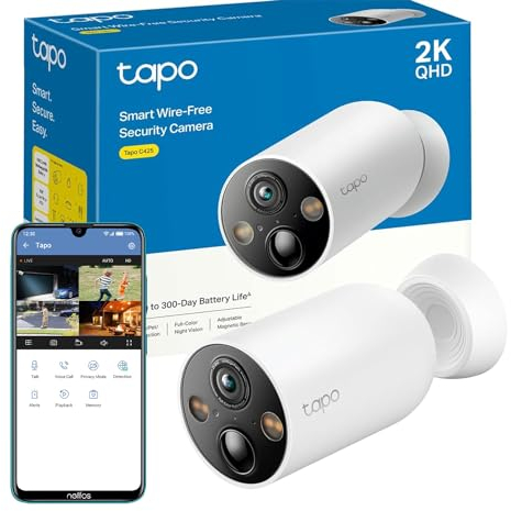 Tapo Outdoor Security Camera, Rechargeable Battery, 2K 4MP QHD Color Night Vision, WiFi CCTV, IP66 Weatherproof, Work with Alexa C425 (Renewed)