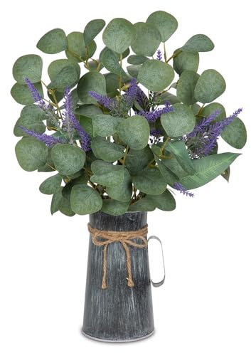 Hollyone Kunstpflanze Eukalyptus in Rustikalen Metall Vase, 45cm Zimmerpflanzen Künstliche Eukalyptus mit Lavendel Dekopflanzen für Bauernhof Haus Hochzeit Tisch Centerpiece Deko