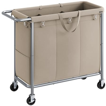 SONGMICS Wäschekorb mit Rollen, 3 Abschnitte, rollender Wäschekorb, 200 l, herausnehmbarer Einsatz, Stahlrahmen mit Griff, Deckenaufbewahrung, 35,8 x 15,4 x 31,9 Zoll, Kamelbraun URLS005N01