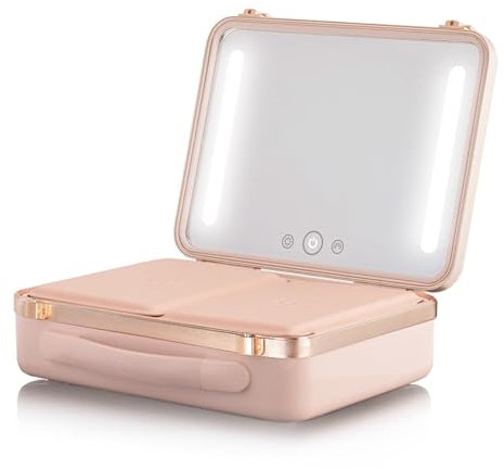 Beautifect Box Nude - Large Makeup Bag with LED Light Up Mirror - Quilted Metallic Vanity Case Travel Cosmetics Bag for Women - Toiletry & Make Up Organiser with Compartments & Brush Holders