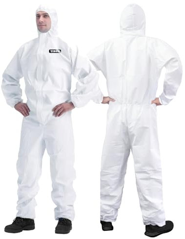 Equipo de protección desechable, traje de protección completo, protege contra materiales peligrosos, 7 tallas, múltiples especificaciones, material PPSB resistente y película de polietileno, blanco,