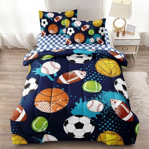 Leaflin Kinder-Bettwäsche-Set für Jungen, komplettes Bett in einer Tasche mit Bettlaken-Sets, blau, komplettes Bettwäsche-Set für Teenager, Fußball, Basketball, Baseball, Fußball, Sport, Thema,