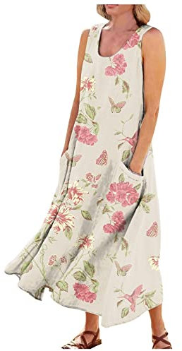 Sommerkleid Damen Knielang Boho Ärmellose Tunika Kleid Hochzeit Strandkleid Leinenkleid Damen Brautjungfernkleider Longbluse Damen Strandkleid Hochzeitsgast Kleid Damen Kleid Damen Kleid(7-Pink,4XL)