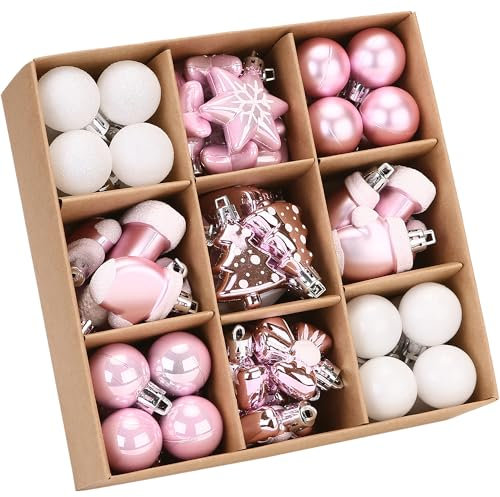 Sea Team 62-Pack Assorted Shatterproof Plastic Christmas Ball Ornaments Set, Miniature Baubles, Pendants, Decorations for Small Xmas Tree, DIY Wreath, Garland(Pink)