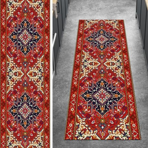 Ymural Läufer Flur rutschfest Meterware Rot 90x300CM Klassisch Teppichläufer Waschbar Küchenläufer Kurzflor Polyester Korridor Schlafzimmer