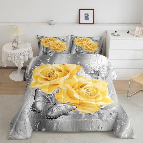 Rose Kids Comforter Sets Single Size,Yellow Rose Floral Flower Bedding Comforter Sets,Valentine's Day Quilt Sets for Valentine's Day,Silvery Romantic Butterfly Duvet Insert with 1 Pillowcase