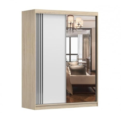 Kleiderschrank mit Spiegel Schwebetürenschrank 2-türig Schrank mit vielen Einlegeböden und Kleiderstange Gaderobe Schiebtüren Schlafzimmer-Wohnzimmerschrank - Lara 07 (Sonoma + Weiß)