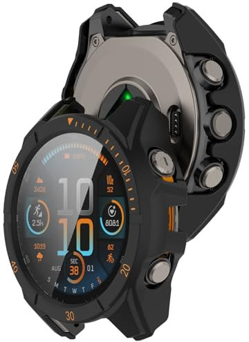 AWADUO Compatible con Garmin Tactix8 AMOLED 51 mm Smartwatch Cobertura completa PC Funda con Cristal Templado Touchable Screen Protector Smartwatch Accesorios (Negro + Naranja)