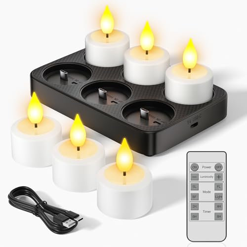 SoulBay LED Teelichter Wiederaufladbar mit Timer Ladestation, 6er Aufladbare LED Teelichter Elektrische Kerzen Flackernd mit Fernbedienung für Party Zimmer Wohnzimmer Halloween Weihnachten Deko