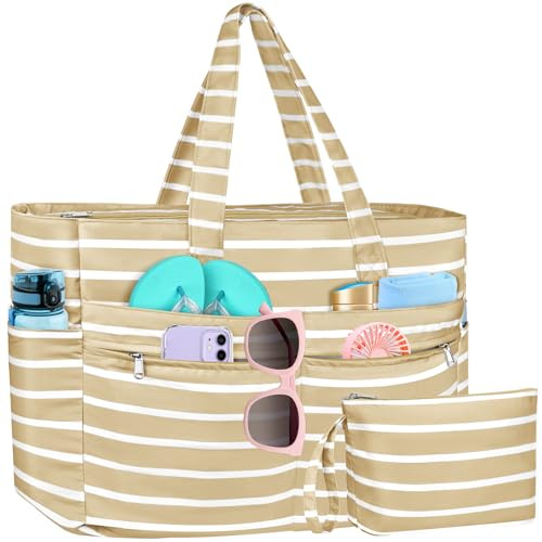 WACCET Strandtasche XXL Familie, Große Wasserdichte Strandtasche Damen mit Reißverschluss, Faltbare Leichte Badetasche Damen mit Mehreren Taschen Beach Bag Tote Bag für Strand, Reisen, Urlaub, Pool.