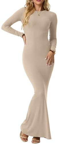 IWOLLENCE Bodycon Dresses for Women UK Long Sleeve Maxi Dress Ladies | Elegant Ribbed Round Neck Bodycon Maxi Dress Modest Long Dresses for Women