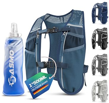 SASMO Laufweste Damen & Herren mit Trinkflasche, 270g Ultraleicht | Trinkweste Laufen, Laufrucksack, Trinkrucksack, 8 Taschen, 2L Trinkblase kompatibel, Atmungsaktiv, Joggen Wandern Trail
