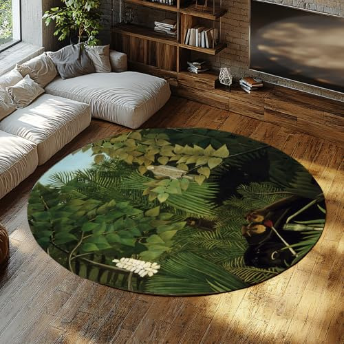 WEECHAINGE Hidden Monkeys Jungle Round Washable Rugs 160cm Stain Resistant Soft Low Pile Lightweight Circle Rug for Entryway Tent Fireplace Hearth Cozy Nook Tropical Rainforest Carpet