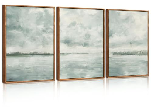 BINCUE 3 Stück Serenes See und Himmel Wandbilder,Abstrakte Bilder mit Rahmen,Minimalistische Abstrakte Moderne Wanddeko,Neutrale Naturblau Wandkunst für Schlafzimmer Wohnzimmer Büro,30x40cm