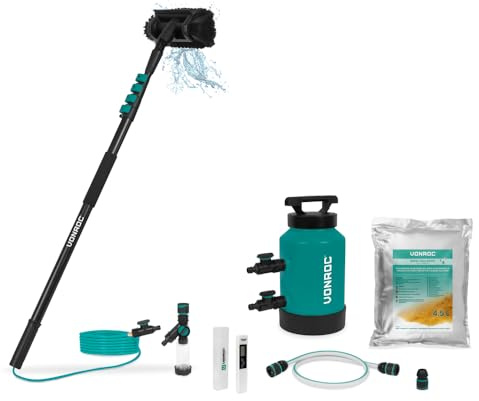 VONROC Kit Pulizia Pannelli fotovoltaici, 4,6m, + Filtro ad Acqua Pura di – Pulizia Senza Aloni per Vetri, Auto, Camper e Pannelli Solari – con Resina 4.5L, TDS Meter, Dosatore Sapone
