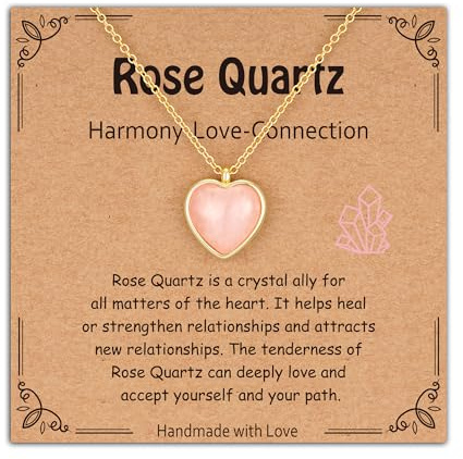 Halora Crystals Anxiety Relief Necklaces Gifts for Women, Healing Stress Relief Rose Quartz Natural Stones Heart Gemstone Ladies Jewellery Birthday Gift for Her Girls Mum, Gold