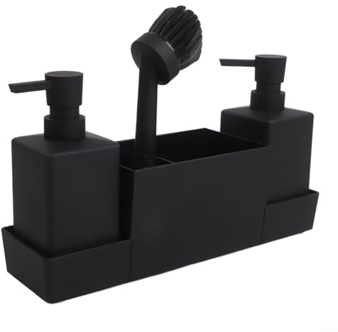 Lawnoval Ensemble de rangement d'évier de cuisine avec 2 distributeurs de savon de 350 ml, porte-éponge, brosse, plateau d'égouttement en plastique ABS pour le rangement de la vaisselle (noir)