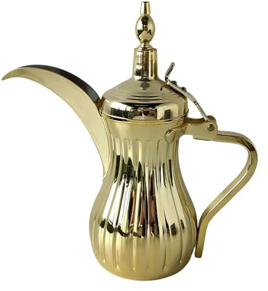 Kaeltsyn Tetera de café Dallah de acero inoxidable con acabado dorado y plateado suave y mango ergonómico de agarre apretado