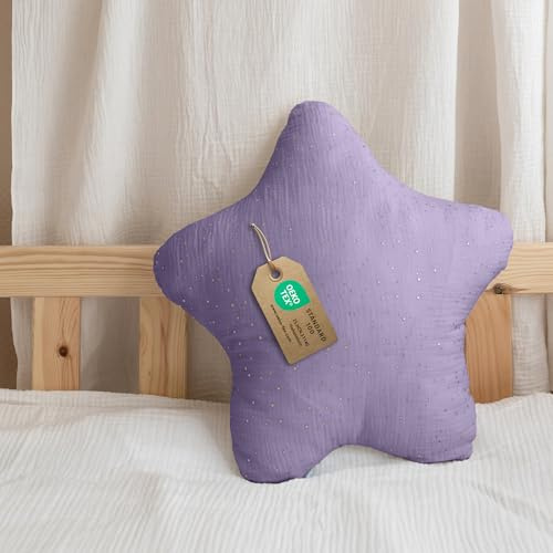 Dekokissen Kinderzimmer [Kuschel Kissen in Herz- & Sternform] - Kuschelkissen Kinder aus 100% Musselin-Baumwolle - handgenäht & weich in 12 Farben - Herzkissen Sternkissen Deko fürs Kinderbett