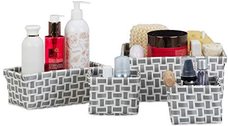 Relaxdays Aufbewahrungskorb 4er Set, Körbchen in 3 Größen, geflochten, Korb Badezimmer, Dekokorb Kunststoff, weiß-grau, 22 x 22 x 10 cm