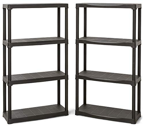Pack of 2 Plastic Shelving Units (4 Levels) - Weatherproof & Damp Proof Shed/Garage Storage