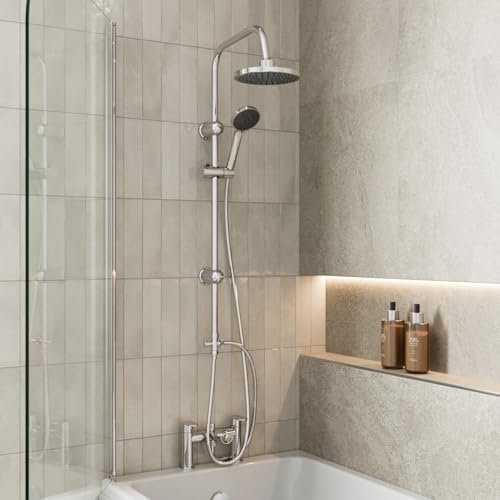 Architeckt® Round Waterfall Bath Shower System Mixer Shower Tap with Modern Square Riser Rail Kit Dual Rainfall Shower Heads Handset