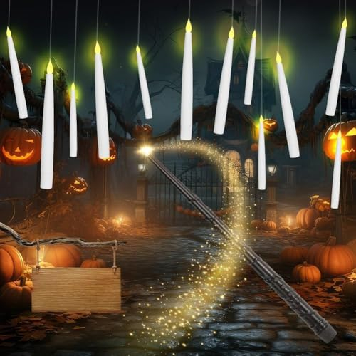 Flintronic 12 Stück Schwebende Kerzen, 15,5cm Fliegende Kerzen mit Zauberstab und 6H Timerfunktion, Flammenlose LED Kerze mit Fernbedienung für Halloween Hochzeit Party Dekoration