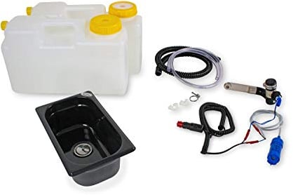 Wasseranlage Imbisswagen Verkaufsanhänger Campingküche 12v Bausatz Spüle dunkel 265x160x100 Barwig Schwarz/chrom Raumsparkanister 12L (ad-ideen)
