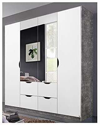 Arnstein Rauch 4 Door(2 mirrored) 4 Drawer Wardrobe With Stone Grey Frame & Alpine White Handleless Doors & Drawers MADE IN GERMANY