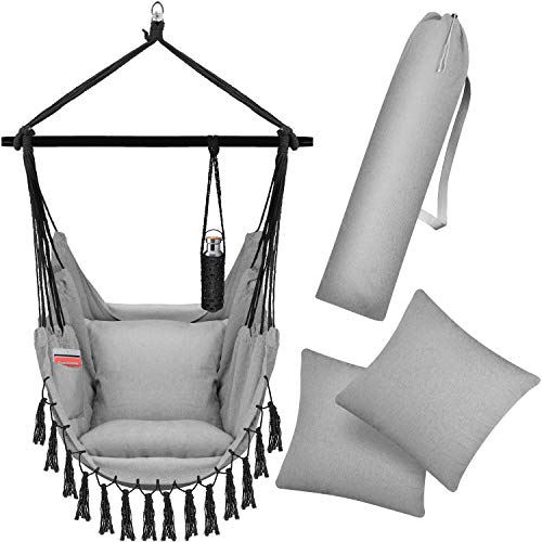 KESSER® Hängesessel Safari XXL Hängestuhl für Erwachsene & Kinder Hängematte bis 150 kg Hängesitz Aufhängung Indoor-Outdoor-Wohnen Inkl. Tragetasche, 2 Kissen, Getränkehalter & Bücherfach, Grau