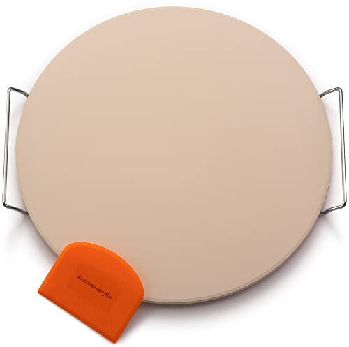 Pierre à pizza de 40,6 cm pour four et grill avec poignées – Ensemble de pierres de cuisson en cordiérite naturelle avec support SS et grattoir en plastique (résistant à 815,6 °C, ronde, grande)