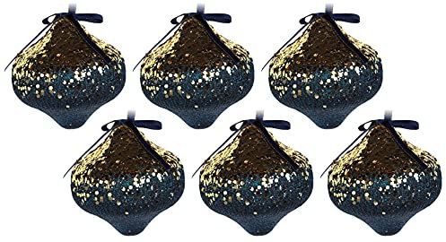 6 x Sequin Navy Blue Gold Christmas Tree Baubles Decorations - Lantern