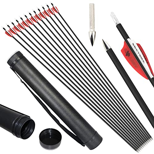 surwolf 32 Zoll Bogenschießen Carbonpfeile ID 4,2 mm Jagdpfeile 1000 Spine für Bogenschießen Compound & Recurve & Traditional Bow 12&24St (roter+köcher, 12)